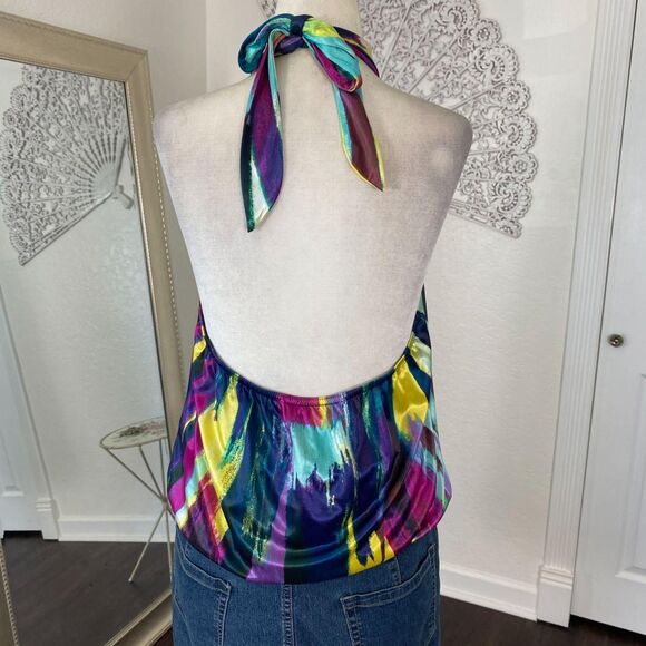 Bcx Early 2000's Cinched Multi Colorful Satin High Neck Tie Halter Top L - Picture 3 of 6